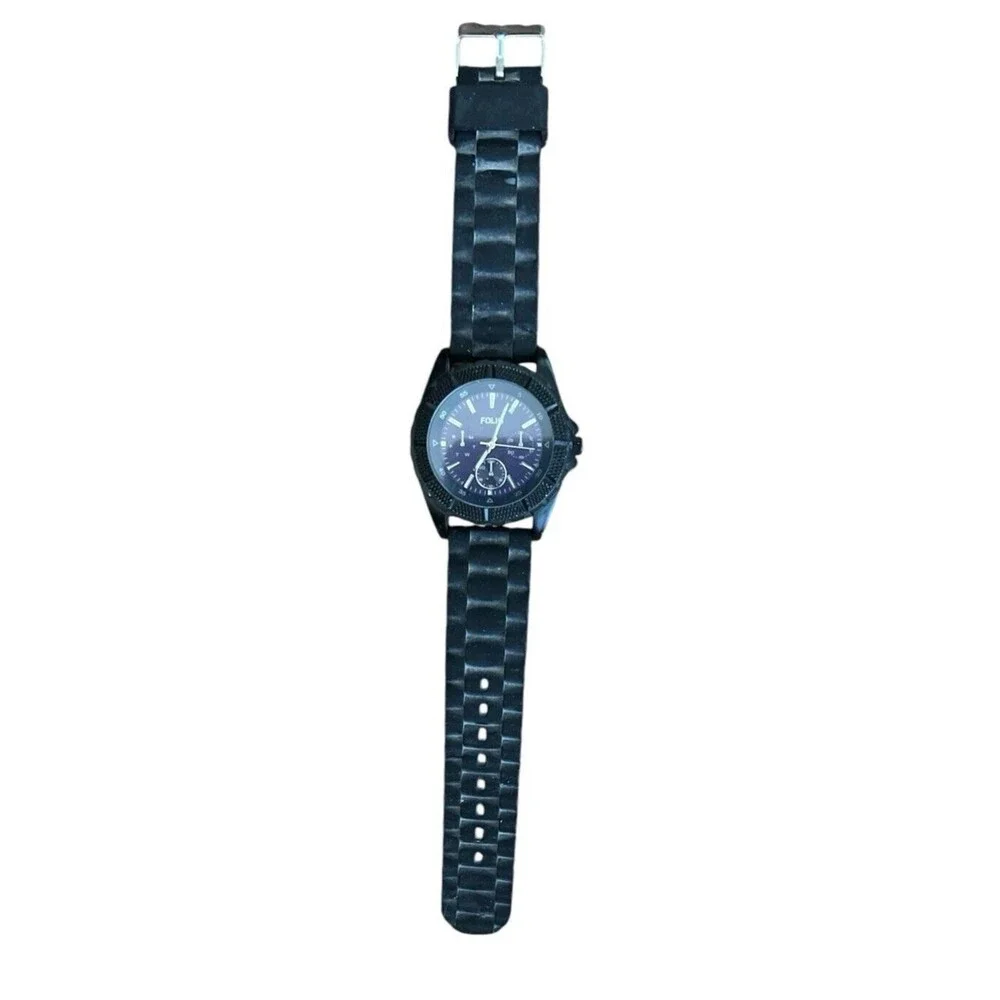 Folio Men's Watch Black Buckle Rubber Band Analog Blue Face 9